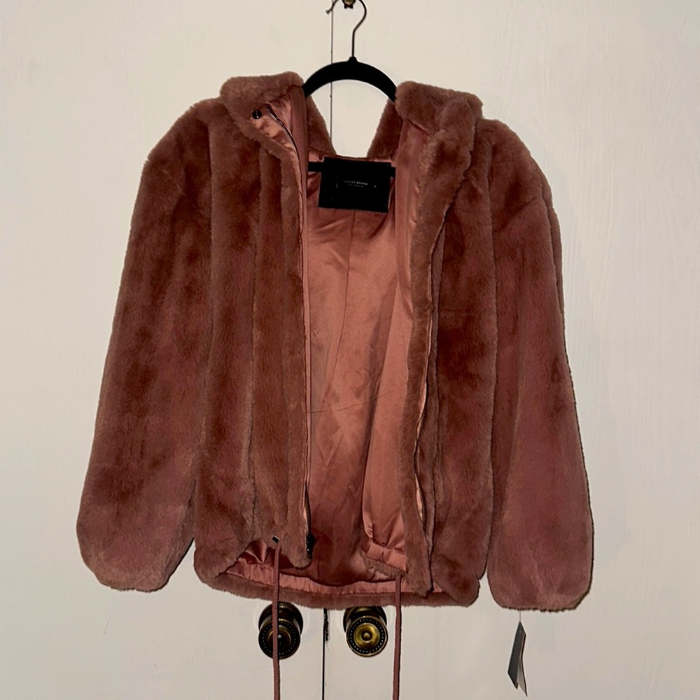 NWT Lucky Brand Faux fur dusty rose hooded bomber jacket